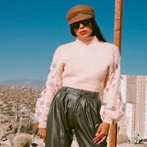 Pink Shaggy Cozy Mock Neck Sweater with Sequins